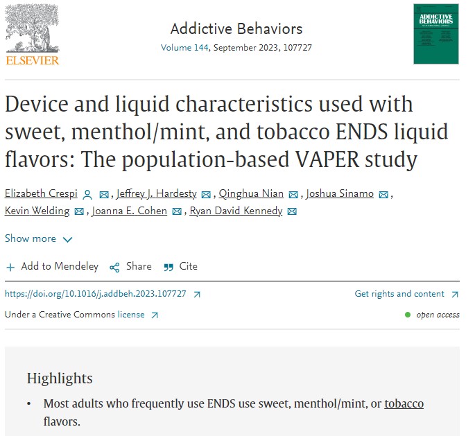 Device and liquid characteristics used with sweet, menthol/mint, and tobacco ENDS liquid flavors: The population-based VAPER study