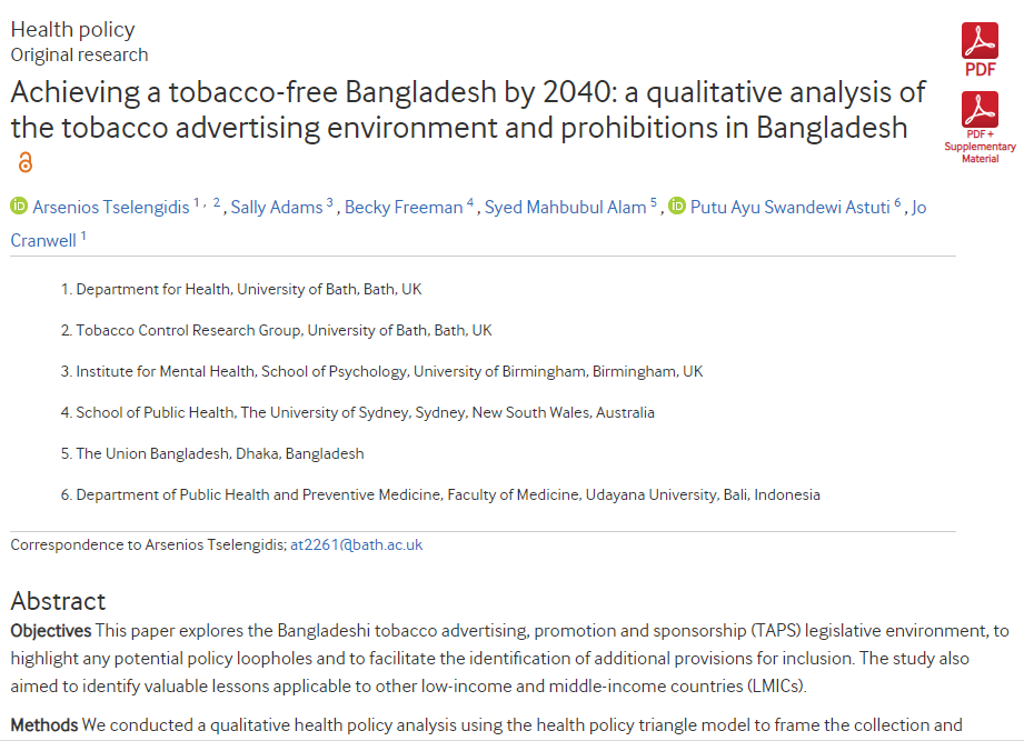 Achieving a tobacco-free Bangladesh by 2040: a qualitative analysis of the tobacco advertising environment and prohibitions in Bangladesh
