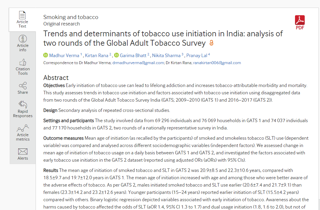 Trends and determinants of tobacco use initiation in India: analysis of two rounds of the Global Adult Tobacco Survey