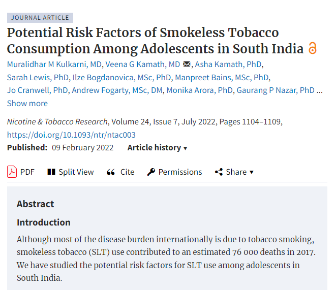 Potential Risk Factors of Smokeless Tobacco Consumption Among Adolescents in South India