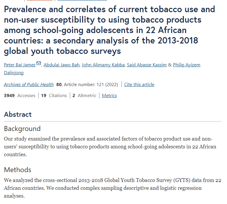 Prevalence and correlates of current tobacco use and non-user susceptibility to using tobacco products among school-going adolescents in 22 African countries: a secondary analysis of the 2013-2018 global youth tobacco surveys