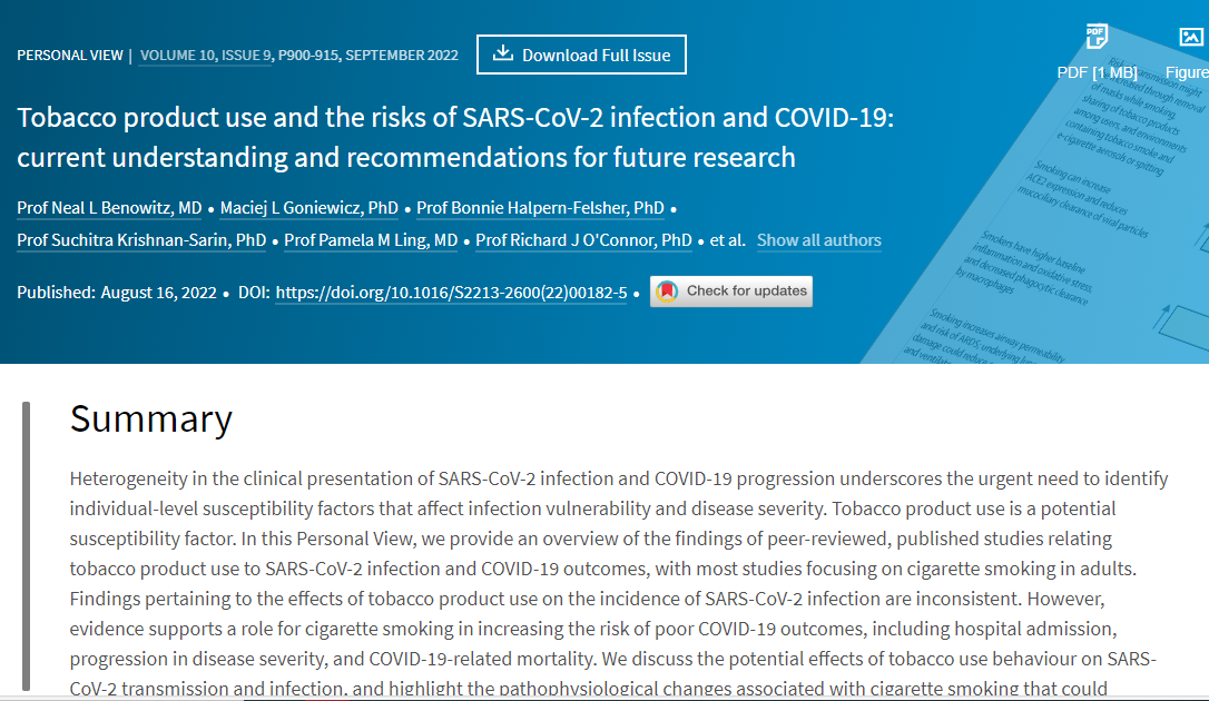 Tobacco product use and the risks of SARS-CoV-2 infection and COVID-19: current understanding and recommendations for future research