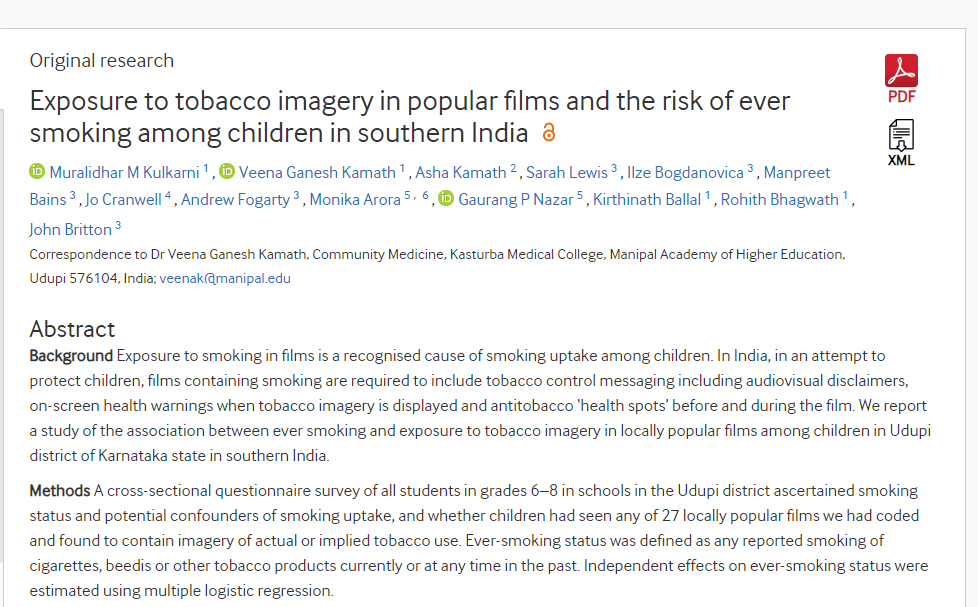 Exposure to tobacco imagery in popular films and the risk of ever smoking among children in southern India